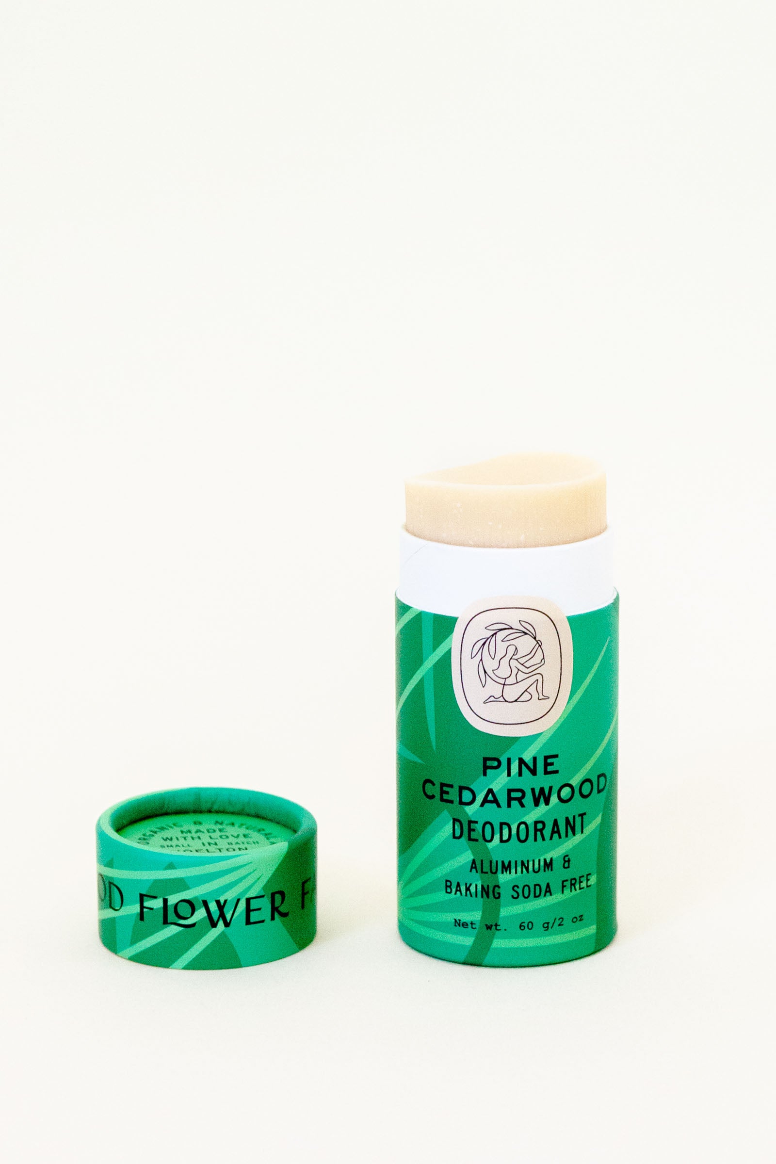 Organic pine cedarwood aluminum & baking soda natural deodorant in biodegradable plastic-free tube by Good Flower Farm