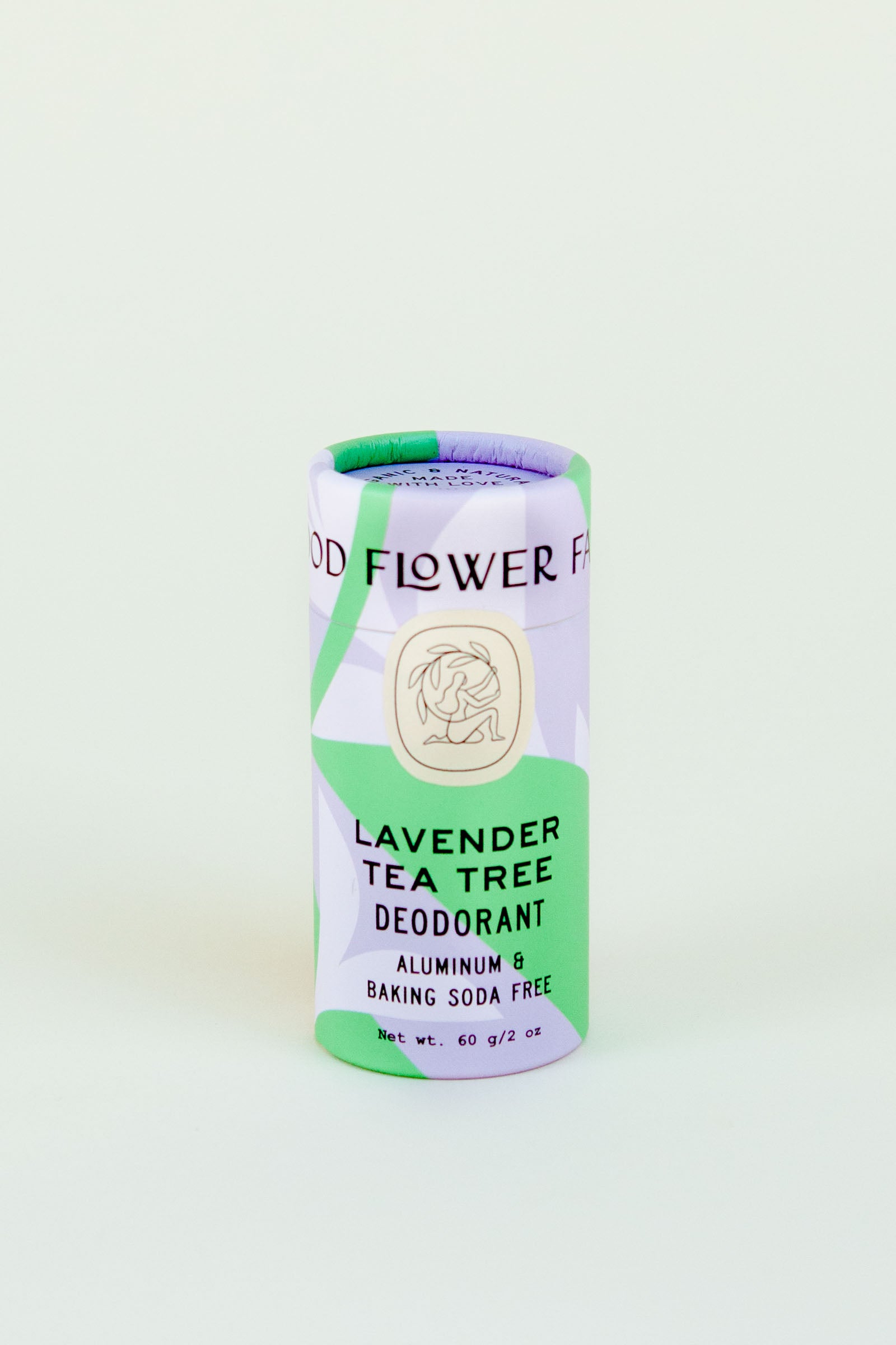 Organic lavender tea tree aluminum & baking soda natural deodorant in biodegradable plastic-free tube by Good Flower Farm