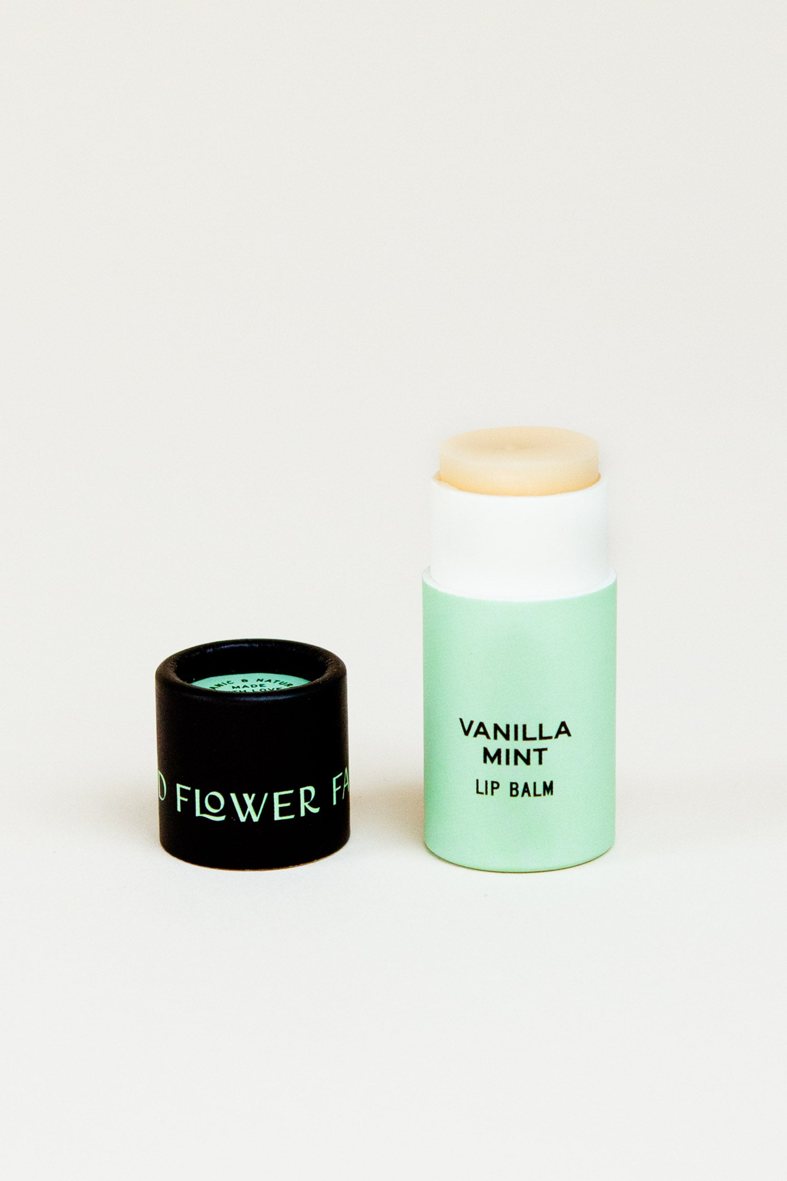 Organic vanilla mint lip balm in biodegradable plastic-free tube