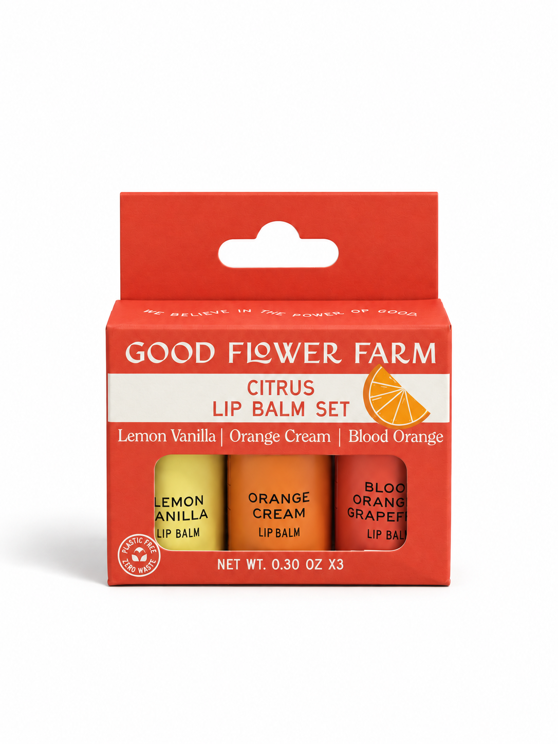 The Good Flower Farm Citrus Lip Balm Set 🍊🍋 3 Lip Balms comes in eco-friendly packaging with an orange slice design and includes Lemon Vanilla, Orange Cream, and Blood Orange flavors.