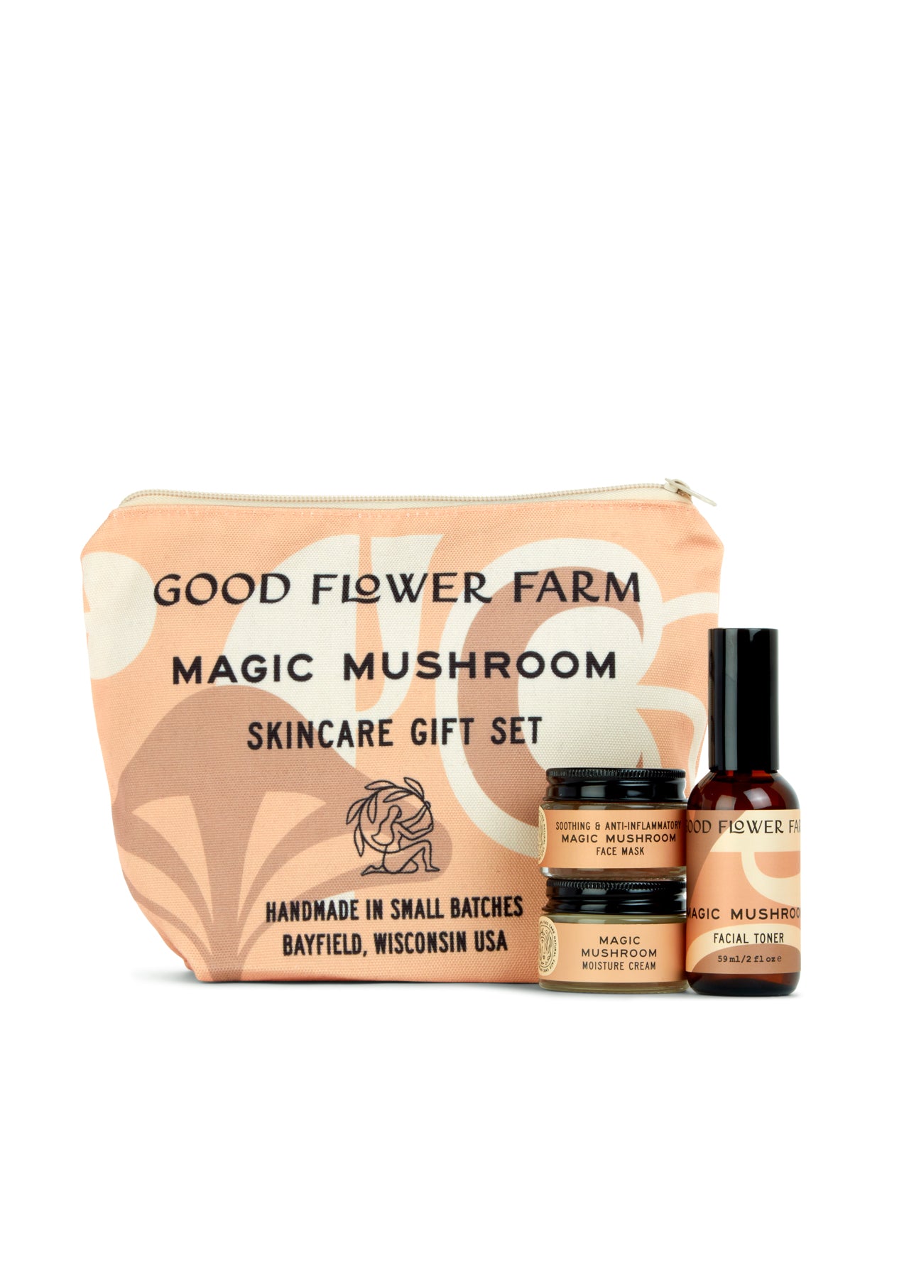 The Magic Mushroom Skincare Gift Set by Good Flower Farm features a patterned pouch and two nutrient-rich, handmade products: Magic Mushroom Moisture Cream and Facial Toner, crafted in Bayfield, Wisconsin, USA.