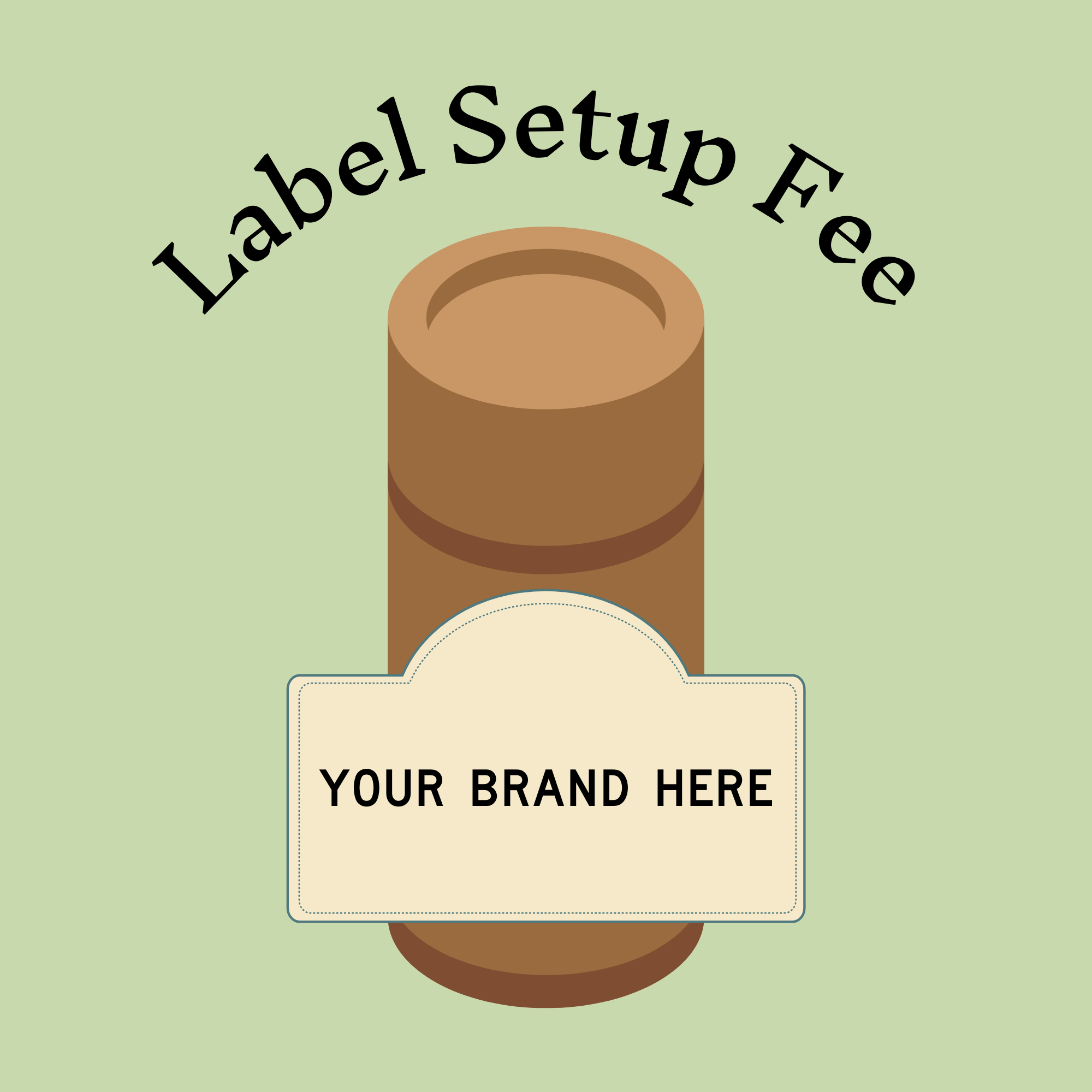 Illustration of a brown cylindrical container for Good Flower Farm Custom Lip Balms with a blank cream label reading Your Brand Here. Above it, Label Setup Fee appears on a light green background.