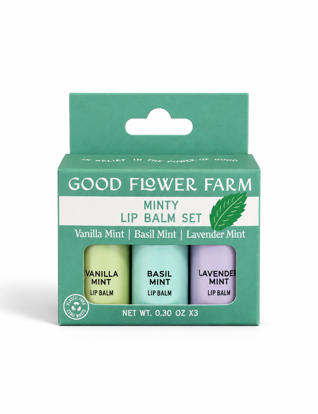 A green box labeled Minty Lip Balm Set 🌿 3 Lip Balms by Good Flower Farm contains Vanilla Mint, Basil Mint, and Lavender Mint balms in eco-friendly packaging with plant graphics and a circular logo.