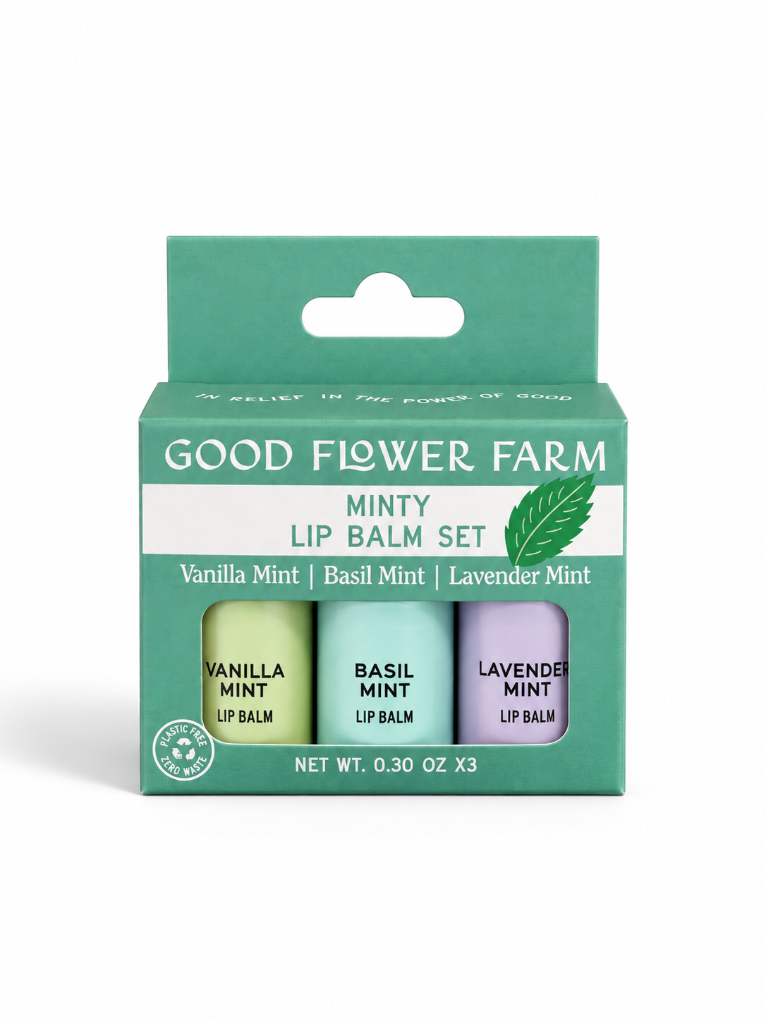 A green box labeled Minty Lip Balm Set 🌿 3 Lip Balms by Good Flower Farm contains Vanilla Mint, Basil Mint, and Lavender Mint balms in eco-friendly packaging with plant graphics and a circular logo.