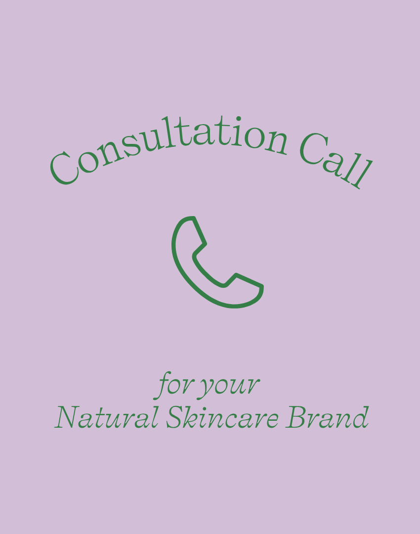 Light purple background with green text that says Consultation Call above a phone icon, and for Good Flower Farm natural skincare brand with eco-friendly packaging below the icon.