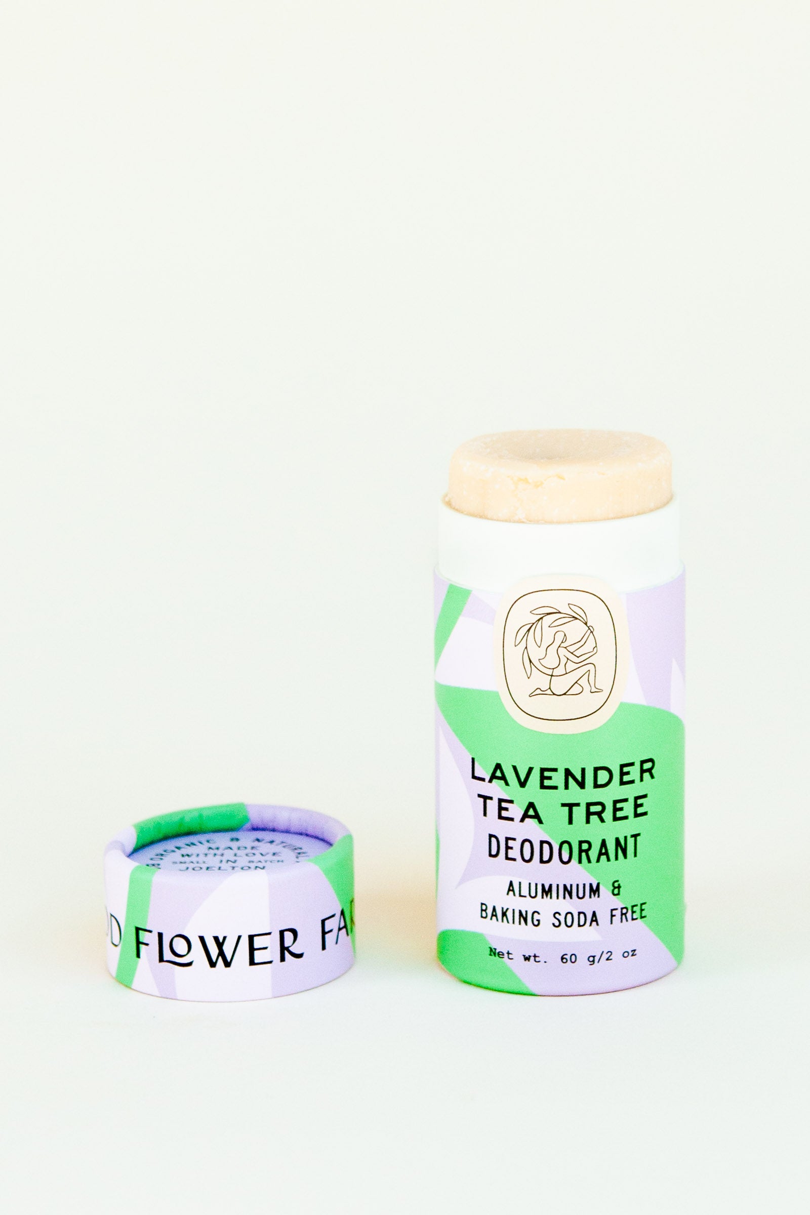 Organic lavender tea tree aluminum & baking soda natural deodorant in biodegradable plastic-free tube by Good Flower Farm