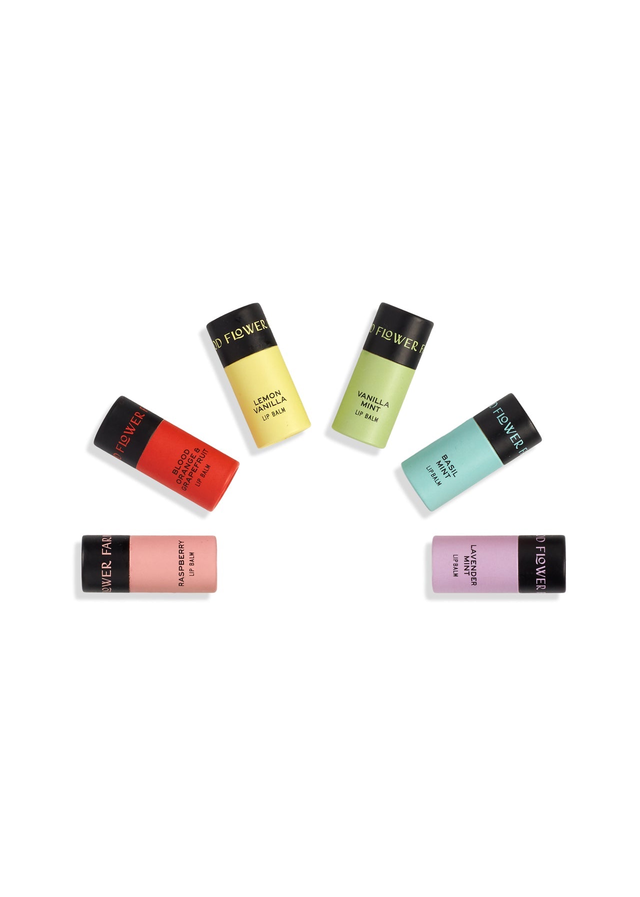 The Rainbow Organic Lip Balm Set of 6 by Good Flower Farm features biodegradable tubes in vanilla, mint, coconut, strawberry, watermelon, and peach flavors arranged in a semi-circle on a white background.